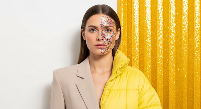Woman with glitter makeup on half face, wearing a beige blazer and yellow puffer jacket against a gold sequin background, representing duality, celebration, and fashion