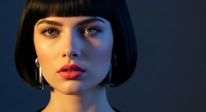 Portrait of a woman with dark bob haircut and bright red lipstick, showcasing a bold and glamorous look with dramatic lighting, symbolizing confidence and allure