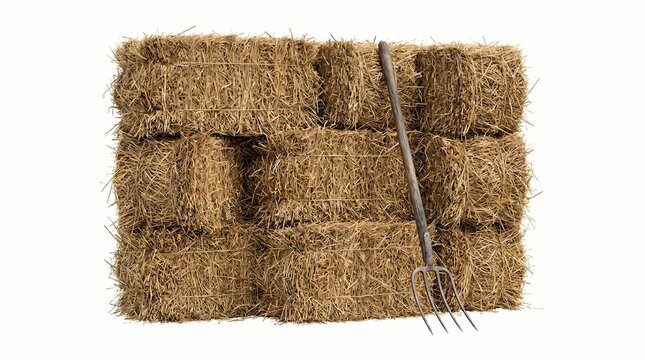A neatly stacked pile of golden bale hay with a rustic metal rake placed beside it against a clean white background