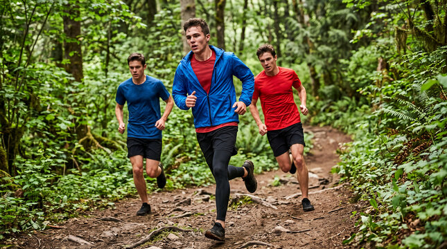 Three athletic young men running on a forest trail, showcasing outdoor exercise and endurance, representative of fitness and nature.
