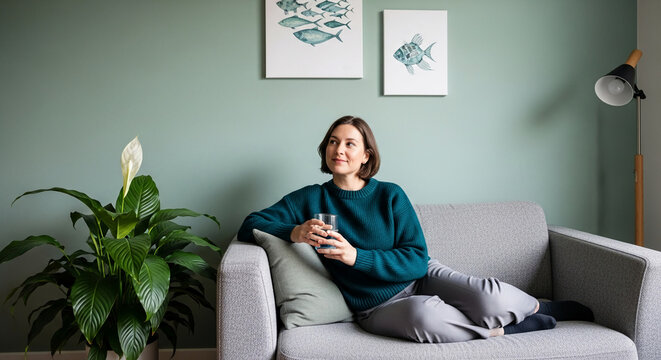 Woman sitting on sofa with drink, indoor, plant, artwork, lamp, cozy scene, conceptualizing peace, relaxation, and home comfort