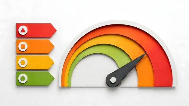 Business performance measurement and risk assessment gauge pointing to critical red level with colorful indicator categories