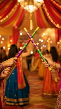 People holding decorative dandiya sticks during a festive dance event