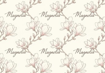 Fototapeta premium Seamless pattern with hand drawn magnolia flowers and text