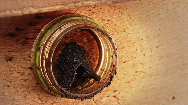 Close up photography of stingless bees and their nest inside a glass hive, representing sustainable agriculture, ecological conservation, pollination, and natural honey production.