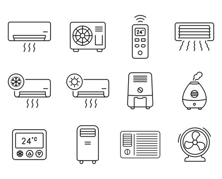 Air Conditioner Line Icon Set Isolated on White Background, HVAC System, Remote Control, Dehumidifier, Electric Fan Vector