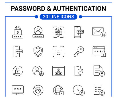 Password and Authentication Line Icon Set Isolated on White Background, Security, Fingerprint, Face ID, Lock Vector