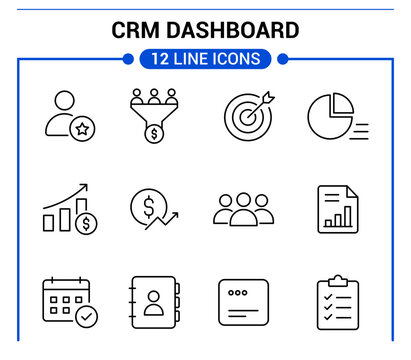 CRM Dashboard Line Icon Set Isolated on White Background, Customer Management, Sales Funnel, Analytics, Strategy Vector