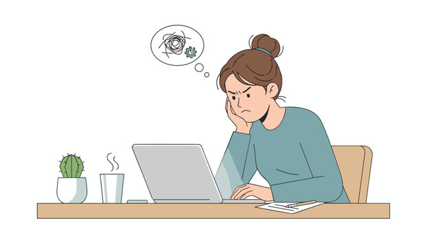 Frustrated businesswoman working on her laptop tries to solve complex problems with a messy thinking bubble above.