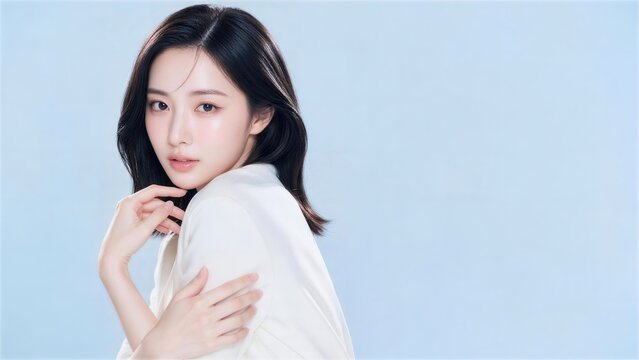 あご下に手を添え上腕を抱えるミディアムヘアの日本人女性美容モデル