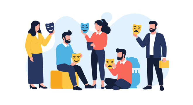 Diverse group of people holding and sharing classic theatrical masks representing different emotional expressions and personality traits.