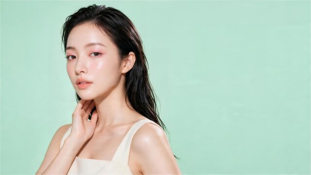濡れ髪で首元に指を添える日本人女性美容モデル