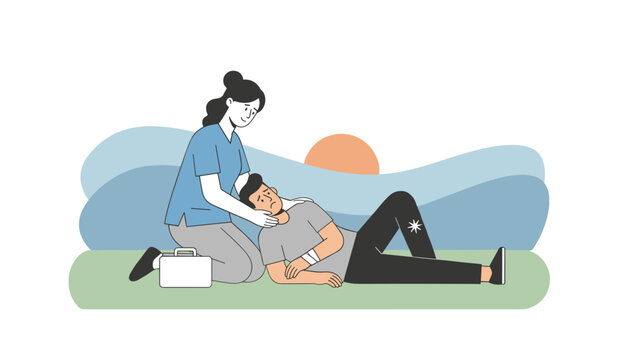 Professional female paramedic or nurse providing first aid to an injured man lying on the green grass outdoors.