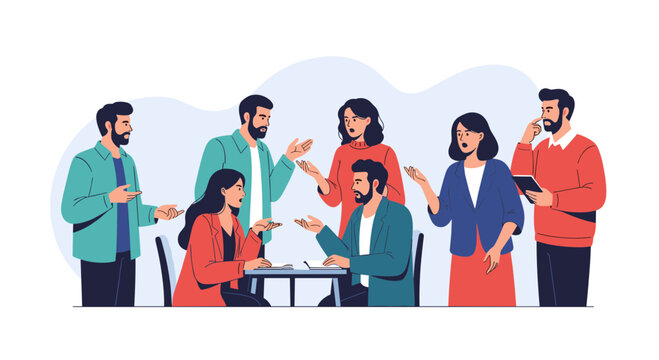 Diverse group of young people having an intense argument and emotional discussion around a table in flat style.