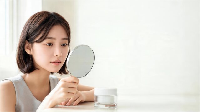 手鏡と化粧品容器を前に肌を確認するボブの日本人女性