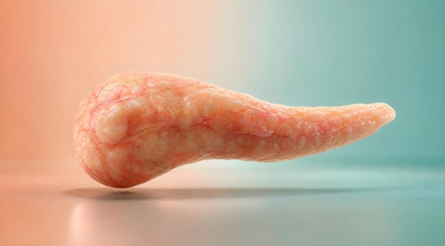 Pancreas, human organ and anatomy with medical health for digestive system, diabetes and insulin production. Endocrinology, biology and realistic 3d illustration for healthcare, research and internal