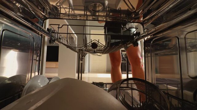 View from inside an Open Dishwasher Shows a Woman Loading Dishes onto the Racks, Daily Housework And Kitchen Cleaning Routine