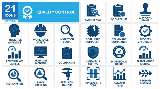 Quality control solid icon set. Includes symbols for Quality Assurance, Product Inspection, and Standards Compliance. Vector icons for manufacturing reports, compliance audit presentations, and QA tes