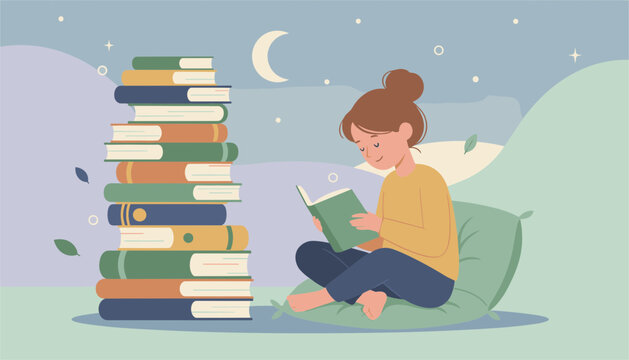 Serene young girl reading a book while sitting on a soft green pillow next to a tall stack of colorful books under the moon.