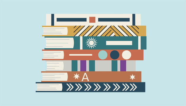 Neatly arranged stack of colorful books with decorative spines and covers on a light blue background.