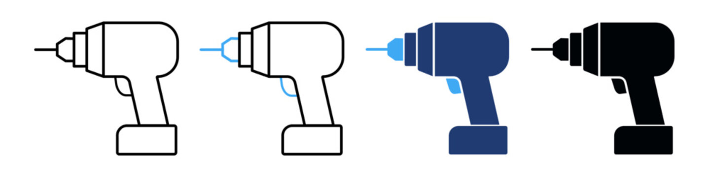 Cordless Drill Vector Icon Set, Power Tool in Outline and Solid Styles for Construction and Repair