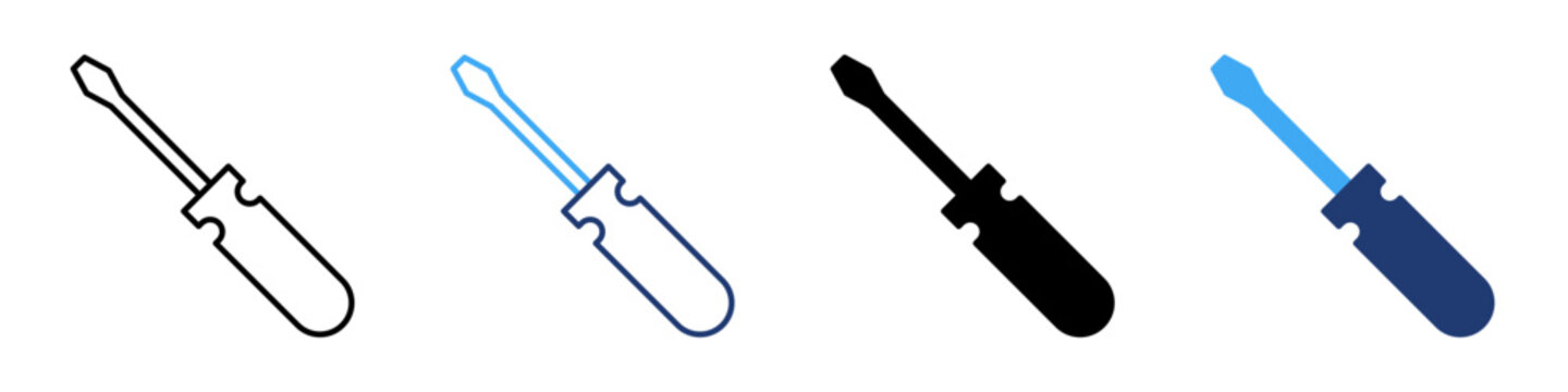 Screwdriver Vector Icon Set, Hand Tool in Outline and Solid Styles for Repair, Construction and Maintenance