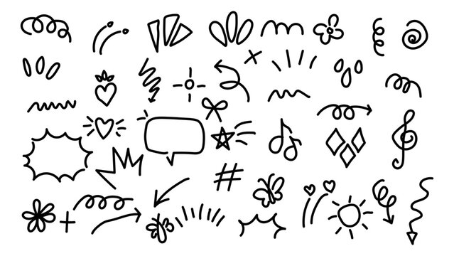 Hand Drawn Doodle Elements Vector Set, Cute Sketch Symbols, Decorative Scribbles and Abstract Line Art