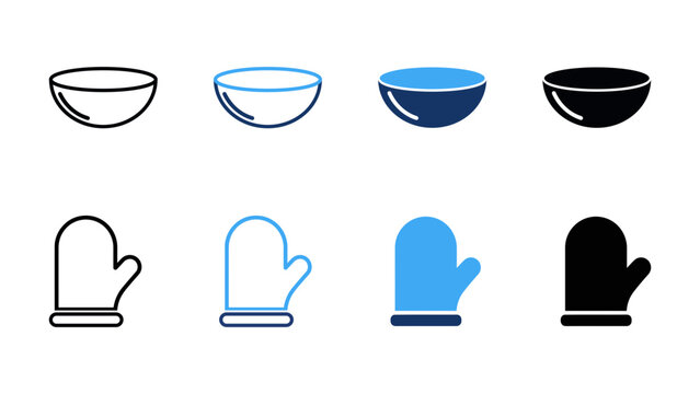 Bowl and Oven Mitt Vector Icon Set, Kitchen Utensil and Cooking Glove in Outline and Solid Styles