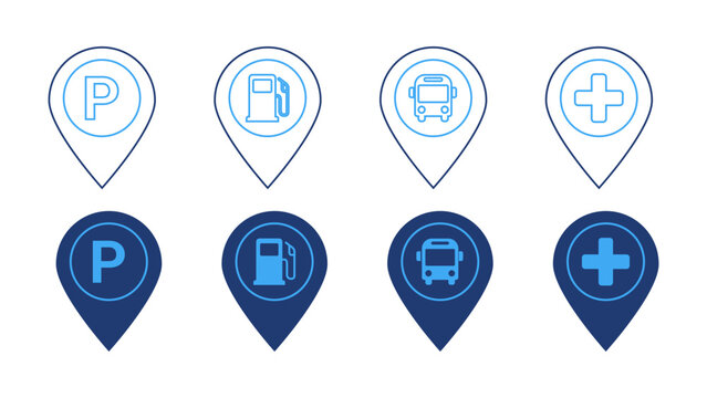 Parking, Gas Station, Car Service and Medical Location Pin Vector Icon Set, Outline and Solid Styles