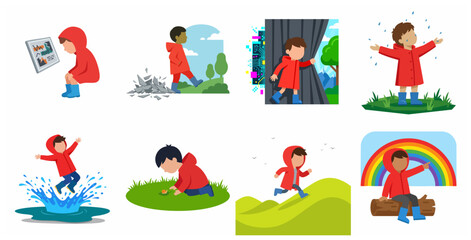 Set of Flat Vector Illustrations Featuring a Little Boy in a Red Raincoat and Blue Boots Engaging in Various Outdoor and Indoor Activities and Adventures