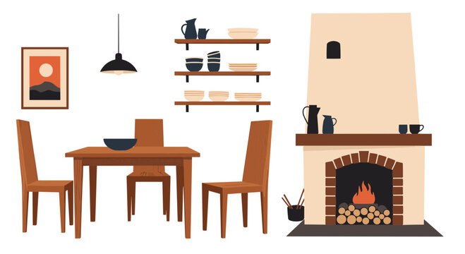 Cozy cabin dining area showing a rustic wooden table with chairs, shelves with pottery, and a burning fireplace.
