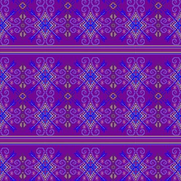 Seamless traditional Hmong ethnic geometric pixel art pattern on a purple background.