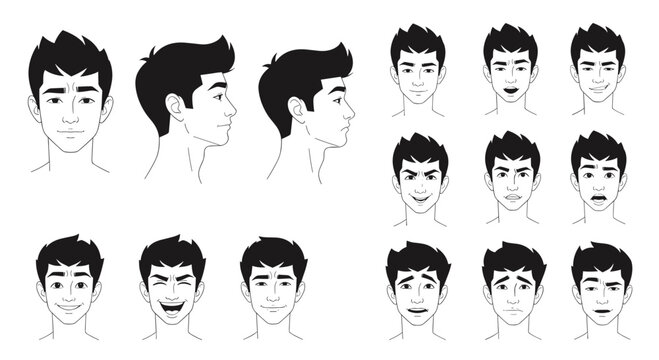 Character sheet featuring diverse facial expressions and profile views of a cartoon young man in black and white.