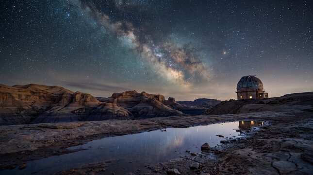 Milky Way galaxy over desert landscape with observatory building and reflected night sky