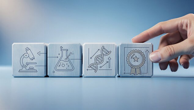 Person hand placing wooden cube with quality certification icon representing successful scientific research