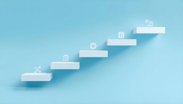 Five step staircase infographic concept featuring minimalist white platforms against solid light blue background surface