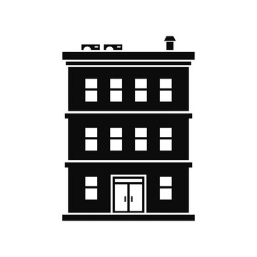 Black building icon with three floors and entrance door on white background