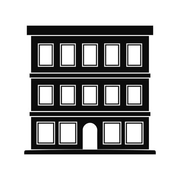 Minimalist black three story building icon with arched entrance on white background