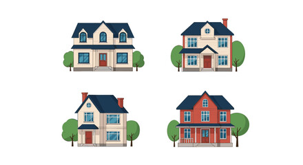 Fototapeta premium Collection of four different suburban family houses with stylish architectural designs and green trees.