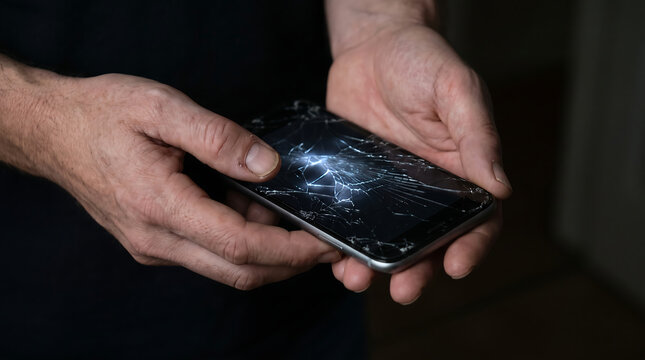 Close up of hands holding a smartphone with a severely cracked and shattered screen