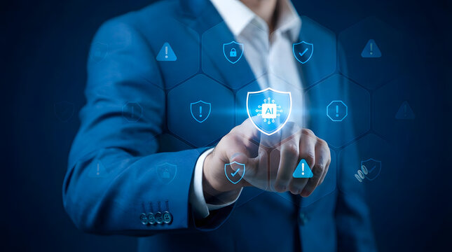 Enterprise AI Security Protection: Businessman touching shield icon. Risk management cybersecurity technology. Artificial intelligence governance compliance monitoring , cybersecurity defense control