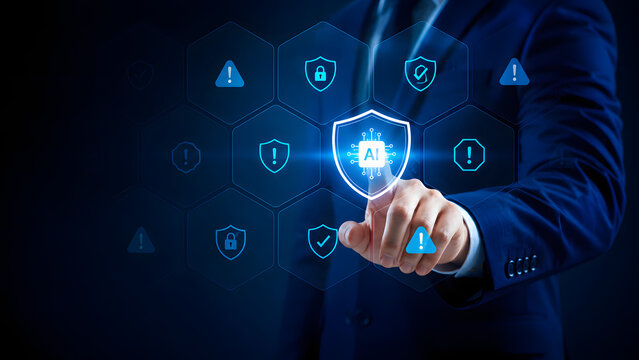 Enterprise AI Security Protection: Businessman touching shield icon. Risk management cybersecurity technology. Artificial intelligence governance compliance monitoring , cybersecurity defense control