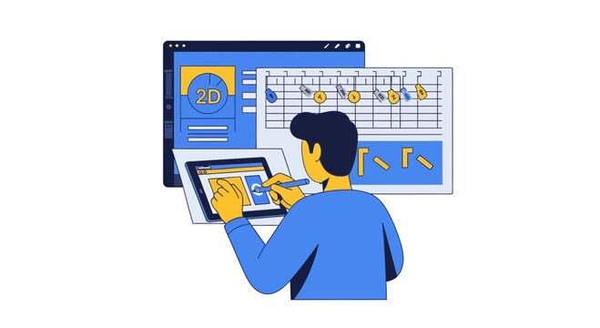 Modern Flat Vector Illustration of a Digital Artist Creating 2D Animation and Motion Graphics on a Tablet