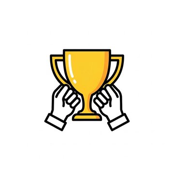 Hand lifting a golden trophy cup for victory