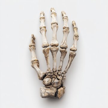 Human hand skeleton showing detailed finger bones and wrist structure isolated on a plain white background with soft natural lighting