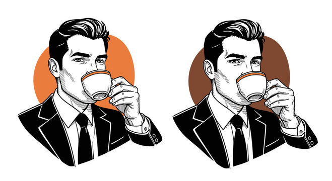 Retro pop art style illustration of a handsome businessman in a black suit sipping warm coffee or tea.