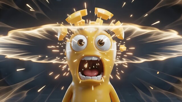 3D cartoon character with exploding head and dramatic expression