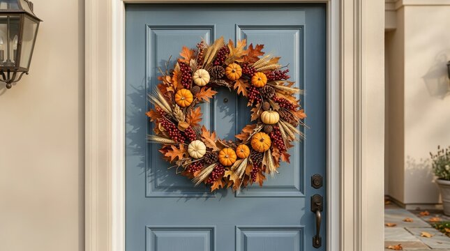 A festive autumn wreath featuring pumpkins and colorful fall foliage hanging on a blue front door for halloween home decoration