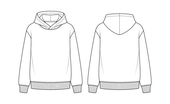 Hoodie technical sketch, fashion garment template for front and back views, clothing design, apparel development, tech packs and production