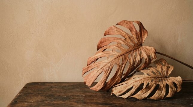 Two dried monstera leaves resting on a rustic wooden table against a neutral beige wall background